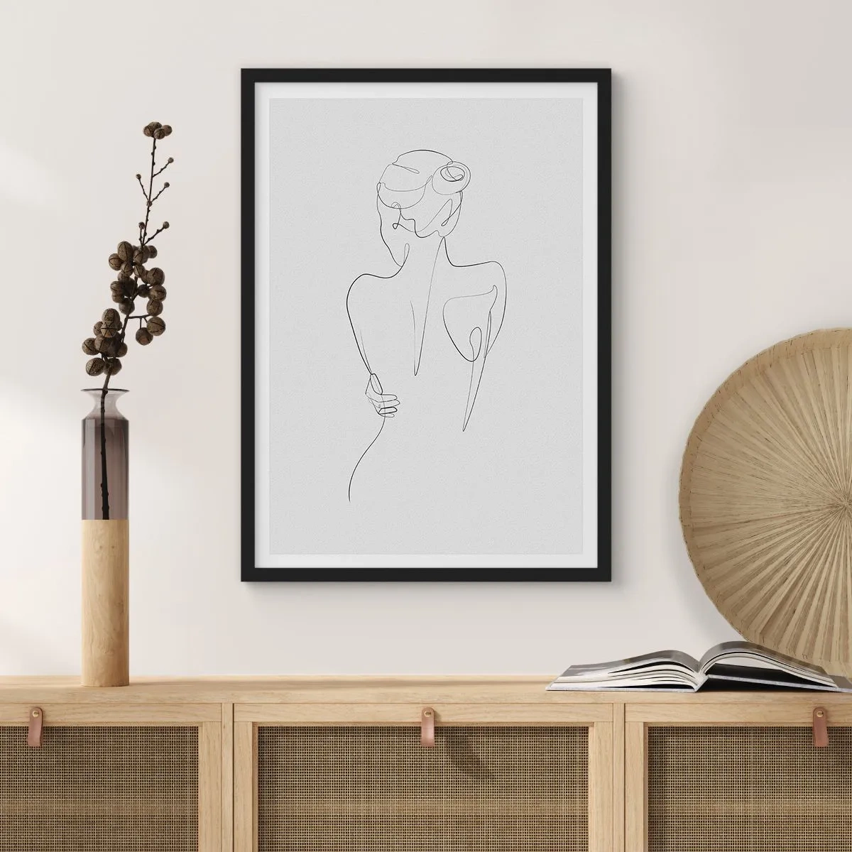Pôster com moldura preta - Desenho de contorno de uma mulher em um fundo cinza - 50x70cm - Música corporal - Decoração de parede moderna para a sala de estar e quarto ARTTOR