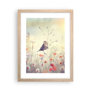 Pôster com moldura de carvalho claro - Retrato de um pássaro com um prado no fundo - 30x40 cm