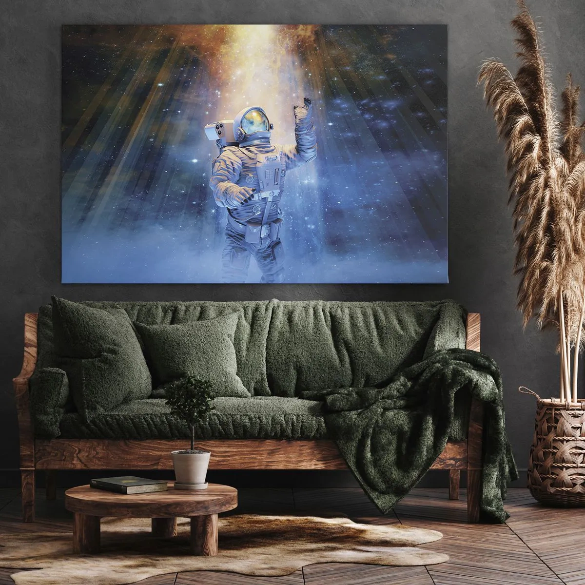 Quadro em tela - Astronauta à luz de uma explosão cósmica cheia de estrelas - 70x50cm - Finalmente chegamos - Decoração de parede moderna para a sala de estar e quarto ARTTOR
