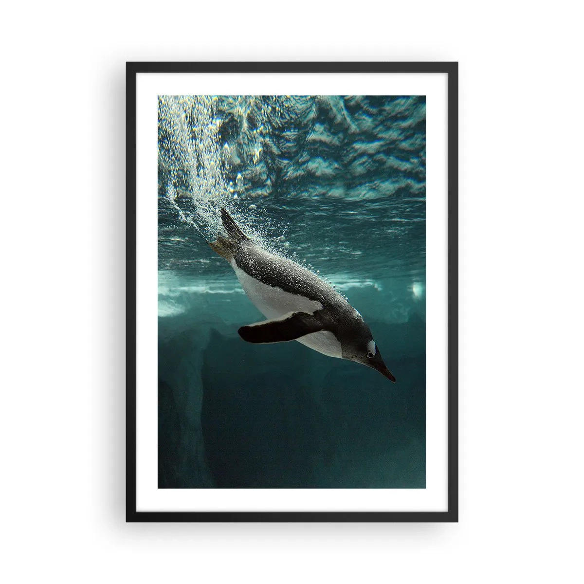 Pôster com moldura preta - Um pinguim nadando debaixo d'água - 50x70cm - Bem-vindo ao meu mundo - Decoração de parede moderna para a sala de estar e quarto ARTTOR
