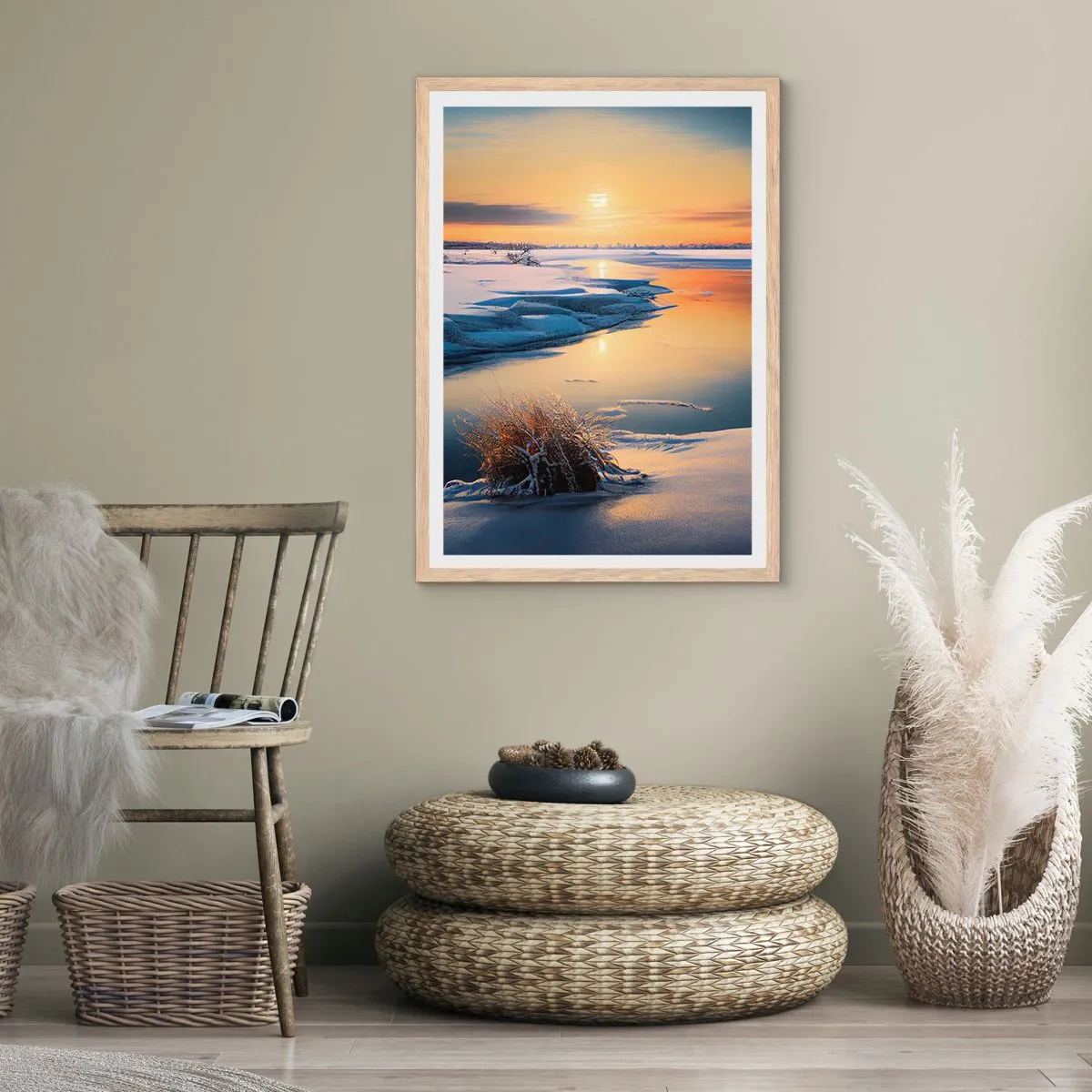 Pôster com moldura de carvalho claro - Pôr do sol de inverno - 40x50 cm