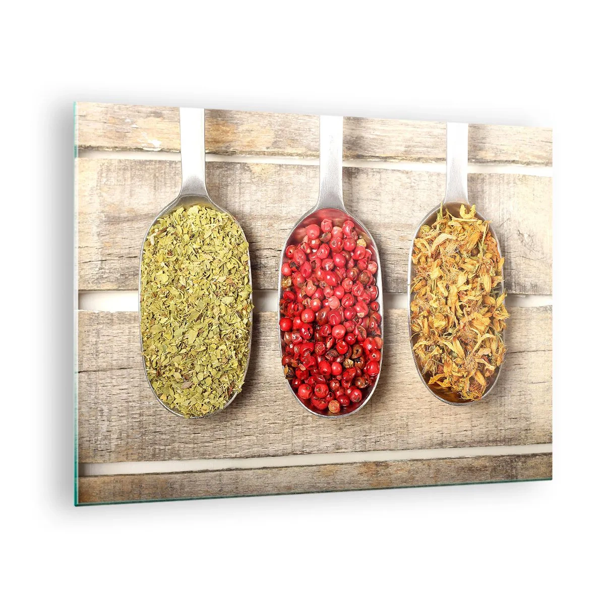Quadro em vidro - Três colheres com especiarias em um fundo de madeira rústica - 70x50cm - Magia da cozinha - Decoração de parede moderna para a sala de estar e quarto ARTTOR