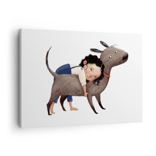 Quadro em tela - Ilustração em estilo cartoon de uma criança abraçando um cachorro - 70x50cm - Melhores amigos - Decoração de parede moderna para a sala de estar e quarto ARTTOR