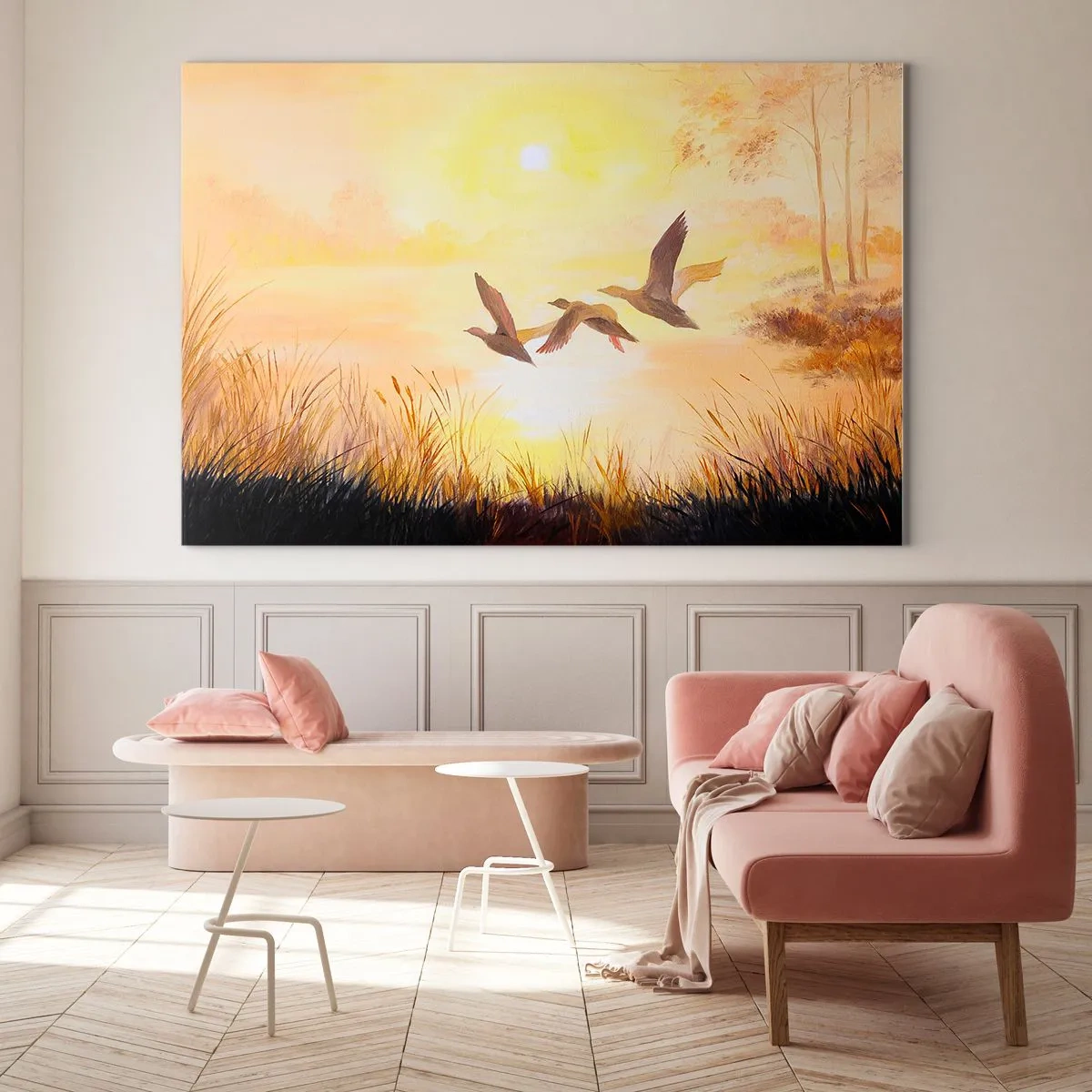 Quadro em vidro - Três patos voando sobre um lago ao nascer do sol - 70x50cm - O início de uma longa viagem - Decoração de parede moderna para a sala de estar e quarto ARTTOR
