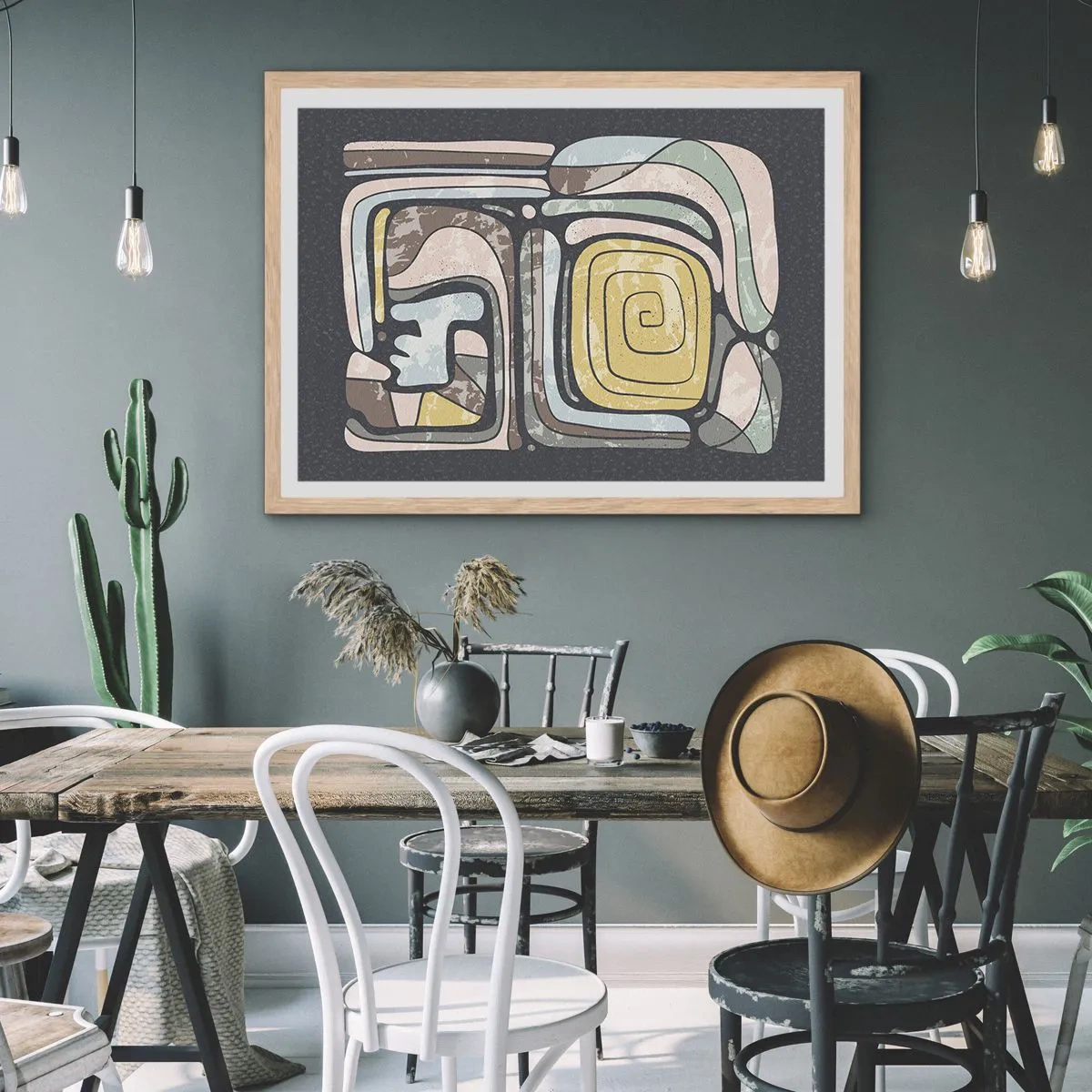 Pôster com moldura de carvalho claro - Abstração no espírito pré-colombiano - 40x30 cm