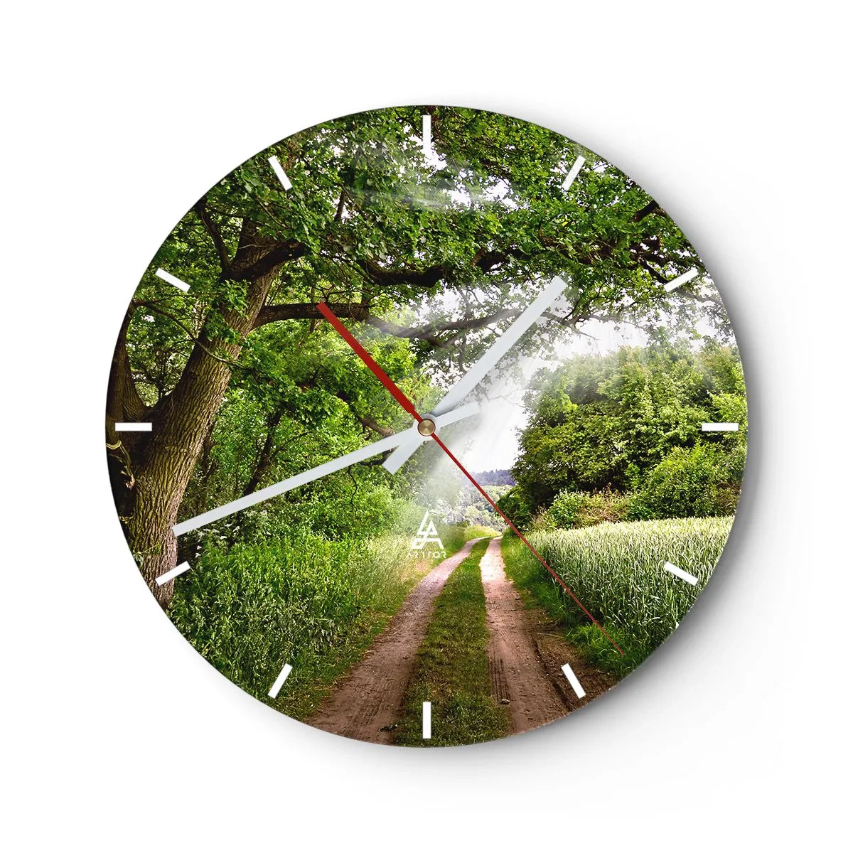 Relógio de parede - Relógio em vidro - Uma estrada florestal entre árvores verdes e campos em um dia ensolarado - 30x30cm - Os pastores de Arcadia - Decoração de parede moderna para a sala de estar, cozinha e quarto ARTTOR