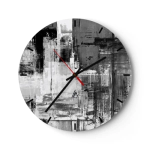 Relógio de parede - Relógio em vidro - Abstração em preto e branco com textura de pincelada - 30x30cm - O cinza é lindo - Decoração de parede moderna para a sala de estar, cozinha e quarto ARTTOR