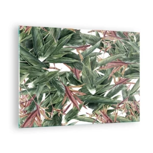 Quadro em vidro - Folhas em tons de verde e bordô sobre fundo claro - 70x50cm - Matagal esmeralda-lilás - Decoração de parede moderna para a sala de estar e quarto ARTTOR