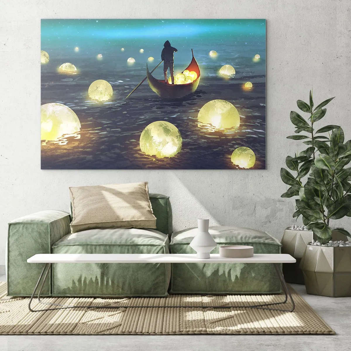 Quadro em vidro - Um barco com lanternas na água em uma paisagem surreal - 70x50cm - Coisas com as quais os filósofos nunca sonharam - Decoração de parede moderna para a sala de estar e quarto ARTTOR