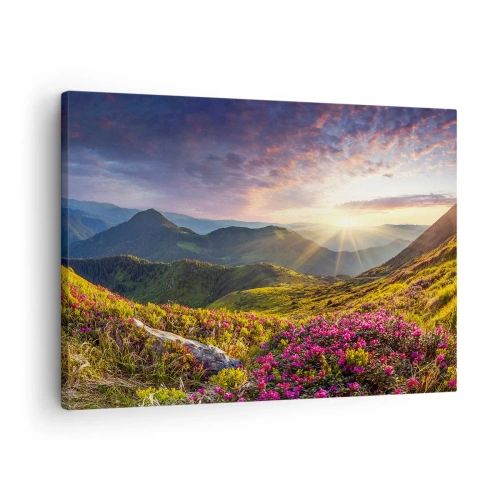 Quadro em tela - Paisagem montanhosa com rododendros em flor - 70x50cm - A frescura de uma manhã nas montanhas - Decoração de parede moderna para a sala de estar e quarto ARTTOR