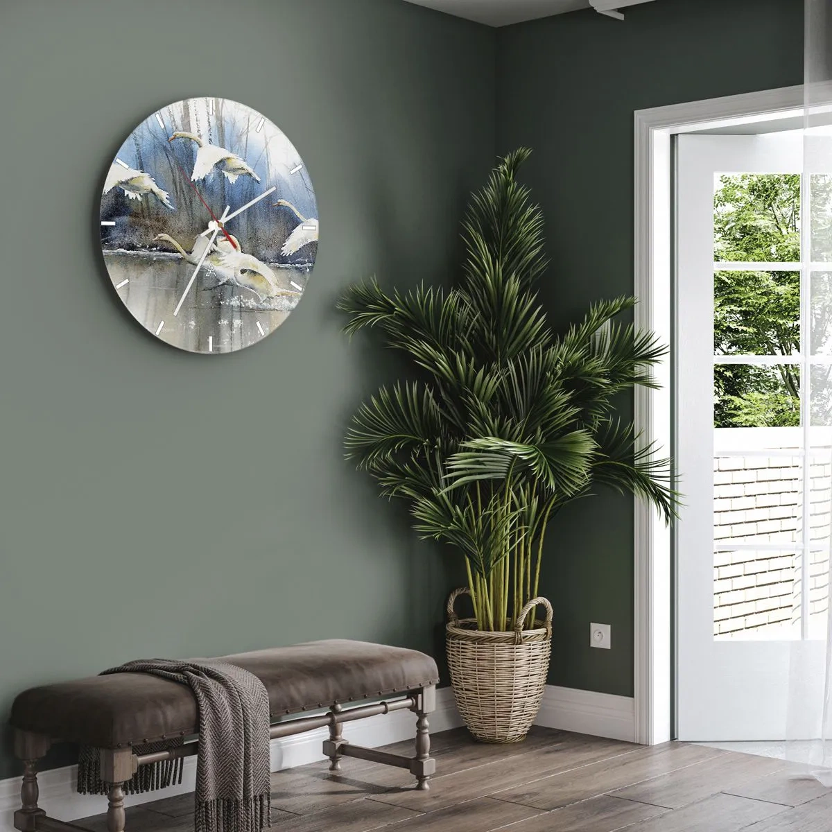 Relógio de parede - Relógio em vidro - Cisnes voando da superfície do lago com a floresta ao fundo - 30x30cm - Como no conto de fadas sobre cisnes selvagens - Decoração de parede moderna para a sala de estar, cozinha e quarto ARTTOR