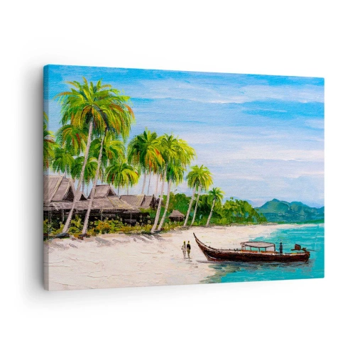 Quadro em tela - Uma praia exótica com palmeiras e um barco na costa - 70x50cm - Um sonho exótico - Decoração de parede moderna para a sala de estar e quarto ARTTOR