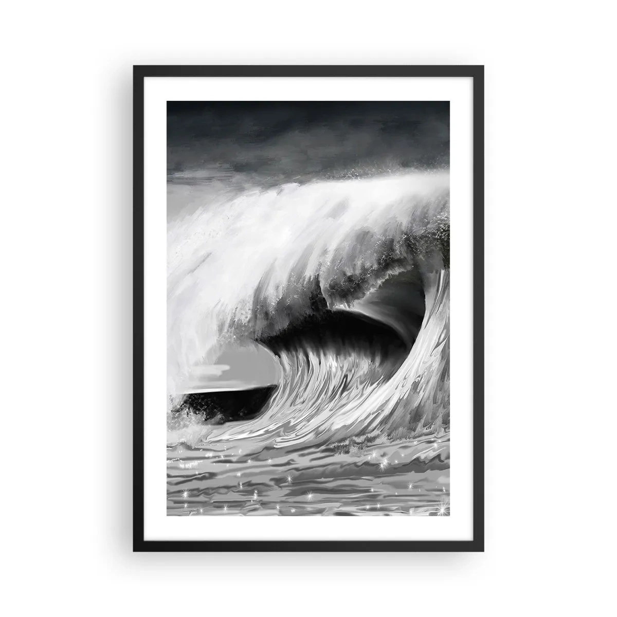 Pôster com moldura preta - Uma onda poderosa em tons de cinza - 50x70cm - A ira do oceano - Decoração de parede moderna para a sala de estar e quarto ARTTOR