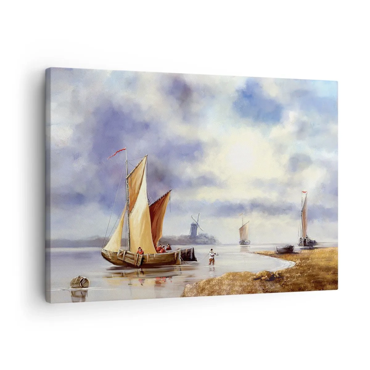 Quadro em tela - Veleiros em águas calmas com moinhos de vento ao fundo - 70x50cm - O regresso dos marinheiros - Decoração de parede moderna para a sala de estar e quarto ARTTOR