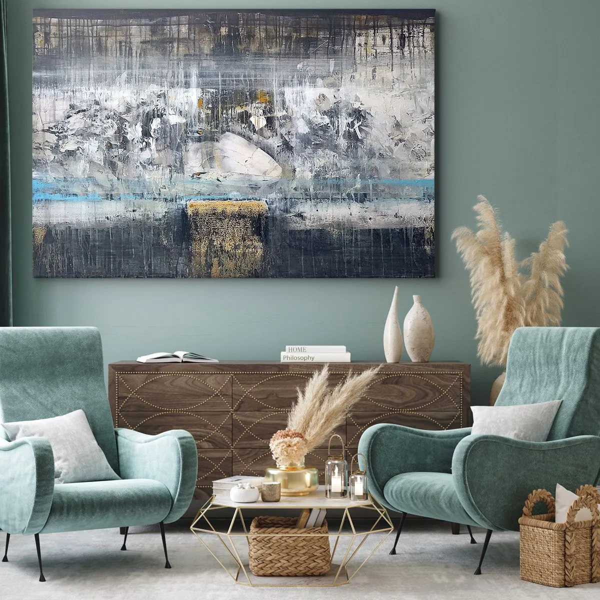Quadro em tela - Composição abstrata em tons frios - 70x50cm - Pelo gelo ou pelo torrão de terra - Decoração de parede moderna para a sala de estar e quarto ARTTOR