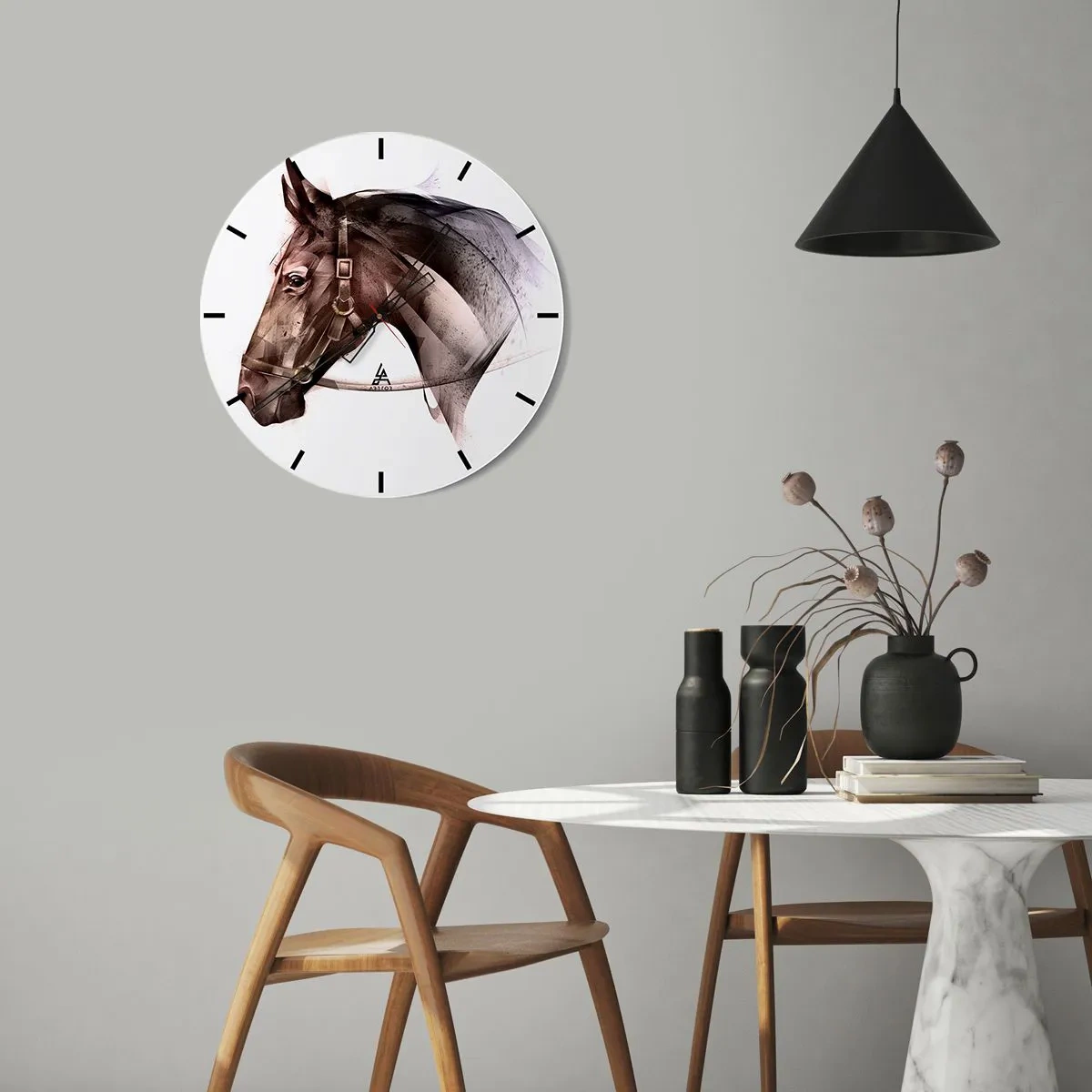 Relógio de parede - Relógio em vidro - Um retrato artisticamente renderizado de um cavalo contra um fundo claro - 30x30cm - Que charme - Decoração de parede moderna para a sala de estar, cozinha e quarto ARTTOR