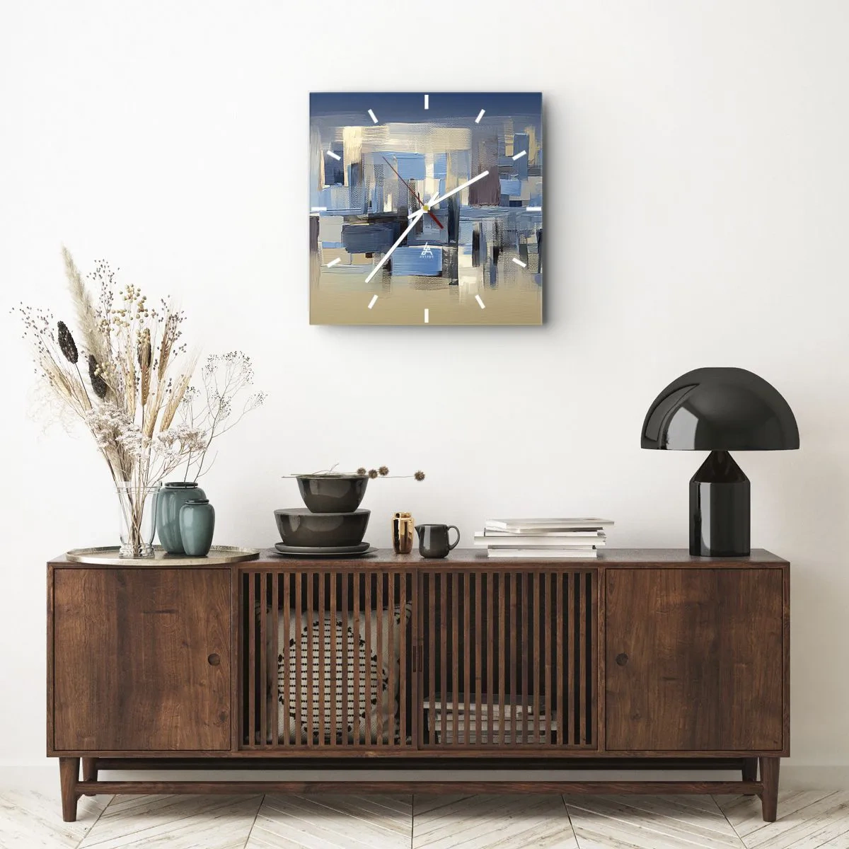 Relógio de parede - Relógio em vidro - Construção azul - 30x30 cm