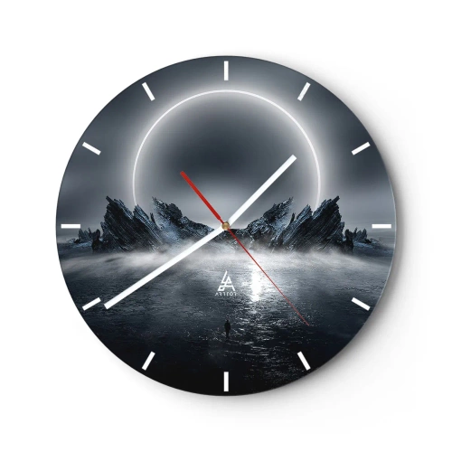 Relógio de parede - Relógio em vidro - Paisagem futurista com eclipse e rochas afiadas - 30x30cm - O fim da história - Decoração de parede moderna para a sala de estar, cozinha e quarto ARTTOR