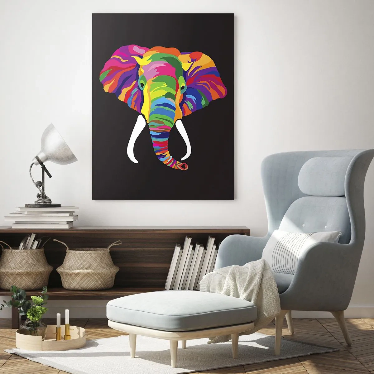 Quadro em vidro - O elefante que adorava banhar-se no arco-íris - 70x100 cm