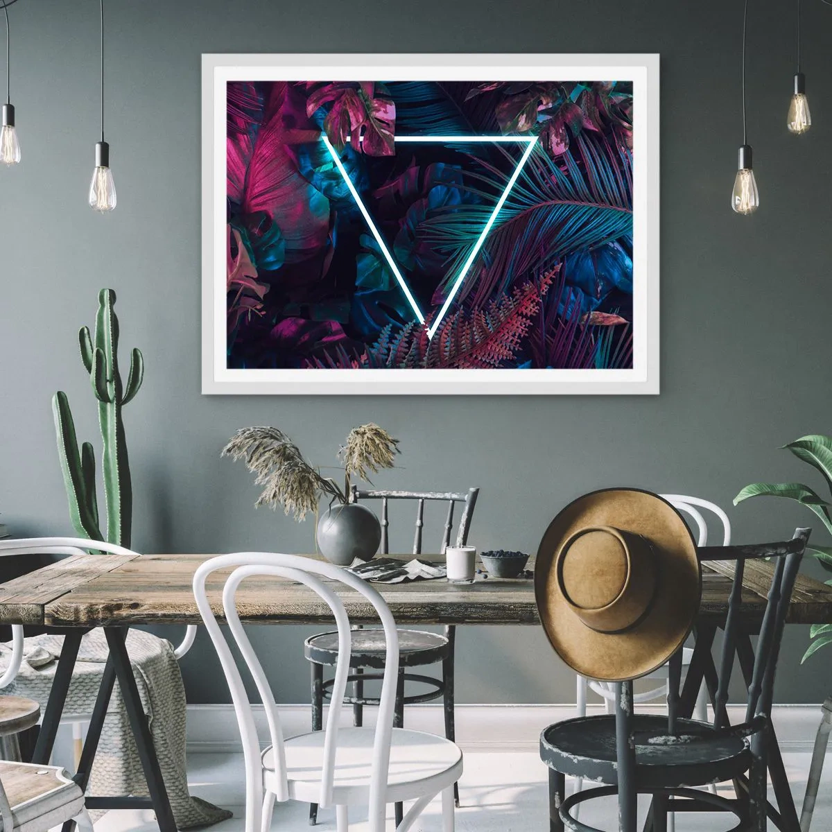 Pôster em moldura branca - Jardim estilo discoteca - 50x40 cm