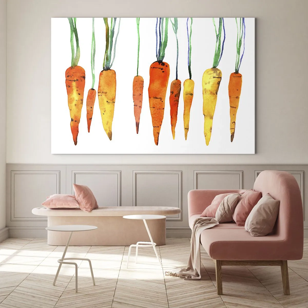 Quadro em vidro - Cenouras em aquarela em vários tons de laranja com talos verdes - 70x50cm - A beleza do ordinário - Decoração de parede moderna para a sala de estar e quarto ARTTOR