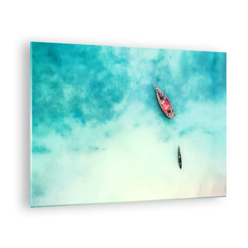 Quadro em vidro - Barcos em águas azuis em um ambiente tranquilo - 70x50cm - As praias de Zanzibar - Decoração de parede moderna para a sala de estar e quarto ARTTOR