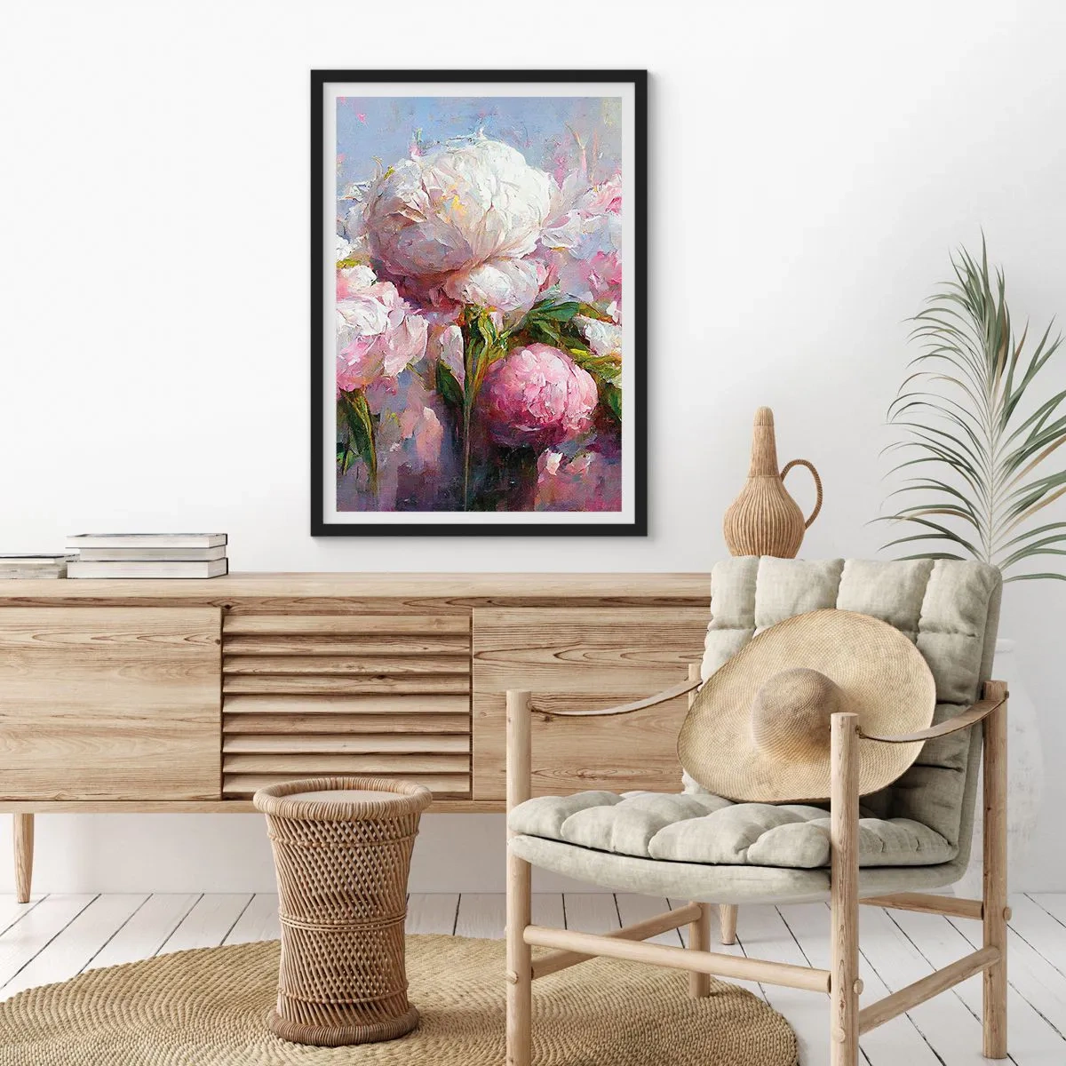 Pôster com moldura preta - Peônias em uma composição romântica e pictórica - 50x70cm - Um buquê cheio de vida - Decoração de parede moderna para a sala de estar e quarto ARTTOR