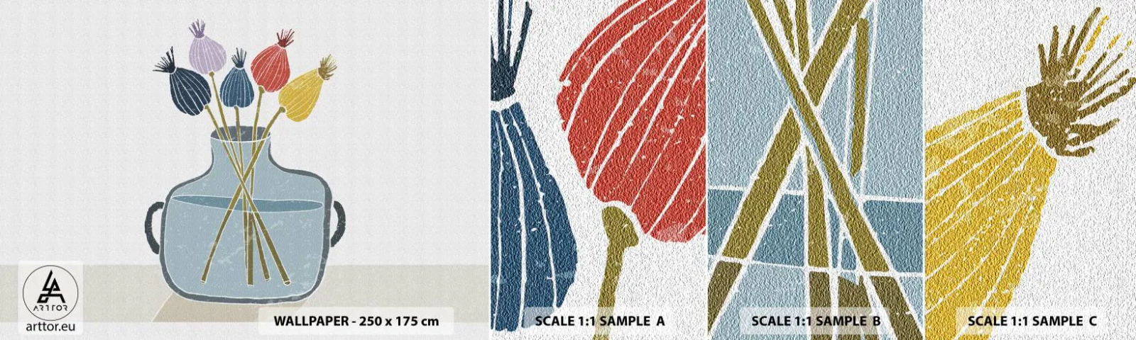 Amostra de papel de parede autocolante Deluxe Sticker - Como semeou a papoula - Flores, Vaso, Minimalismo - 100x30 cm