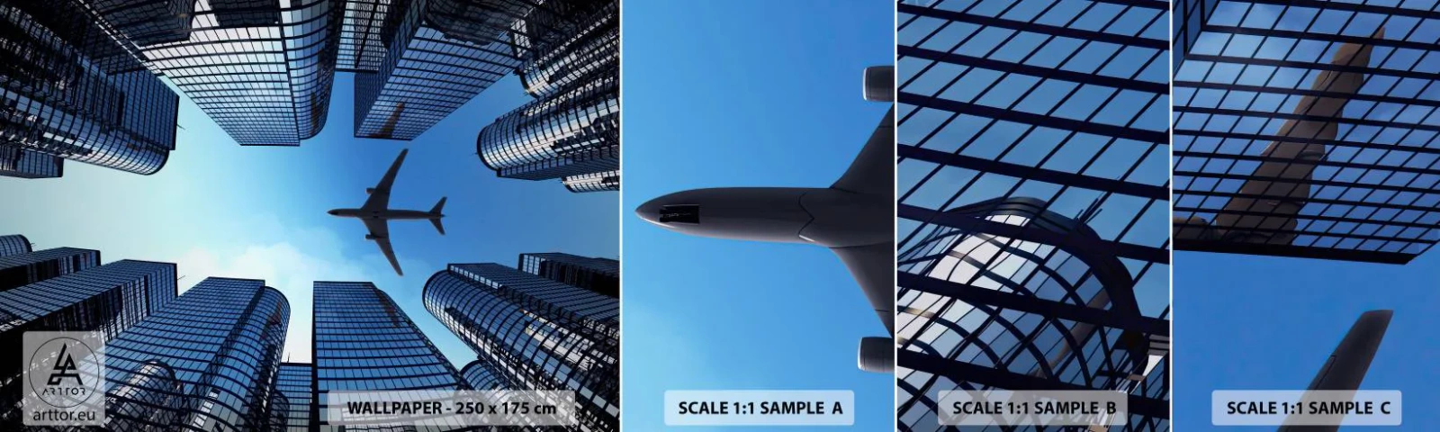 Amostra de papel de parede autocolante Deluxe Sticker - Vista do desfiladeiro de vidro - Arquitetura, Avião, Cidade - 100x30 cm