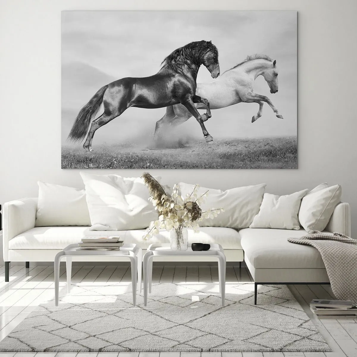 Quadro em vidro - Cavalos pretos e brancos em um ambiente dinâmico - 70x50cm - Anjos e demônios - Decoração de parede moderna para a sala de estar e quarto ARTTOR