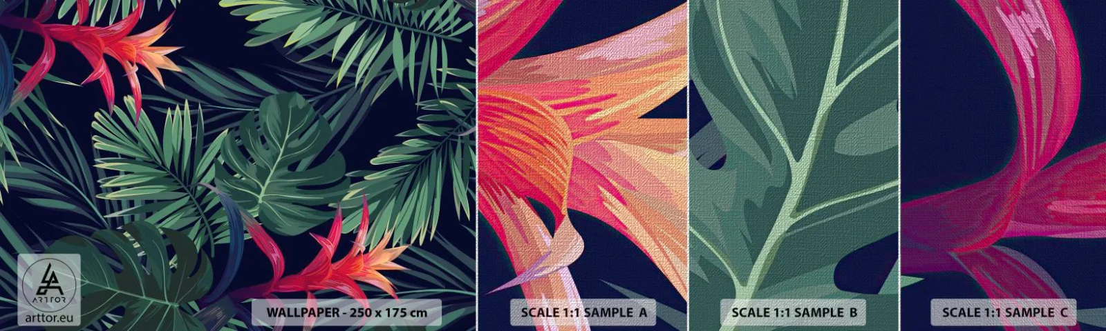 Amostra de papel de parede Premium Canvas - Queimar em verde - Flores, Planta tropical, Folhas de palmeira - 100x30 cm