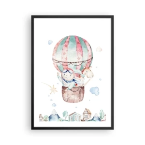 Pôster com moldura preta - Uma ilustração fofa de um ursinho de pelúcia voando em um balão sobre uma cidade - 50x70cm - Nós voltaremos em breve! - Decoração de parede moderna para a sala de estar e quarto ARTTOR