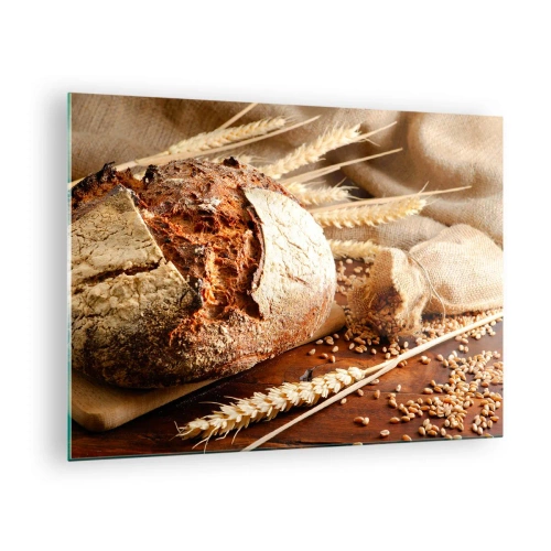 Quadro em vidro - Pão numa tábua com espigas de trigo e sacos de grãos - 70x50cm - Apetitoso, perfumado, crocante - Decoração de parede moderna para a sala de estar e quarto ARTTOR