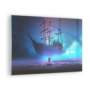Quadro em vidro - Um navio noturno flutuando sobre a água em uma aura mágica - 70x50cm - Um encontro com o mito do mar - Decoração de parede moderna para a sala de estar e quarto ARTTOR