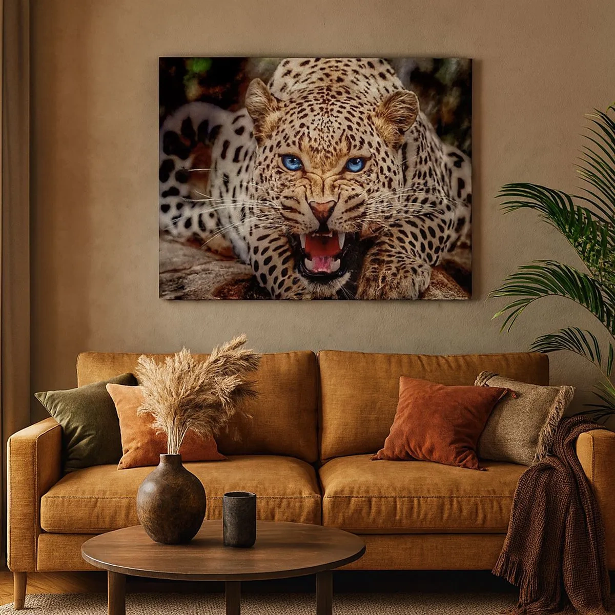 Quadro em tela - Um leopardo ameaçador com olhos azuis intensos - 70x50cm - A raiva não afeta a beleza - Decoração de parede moderna para a sala de estar e quarto ARTTOR