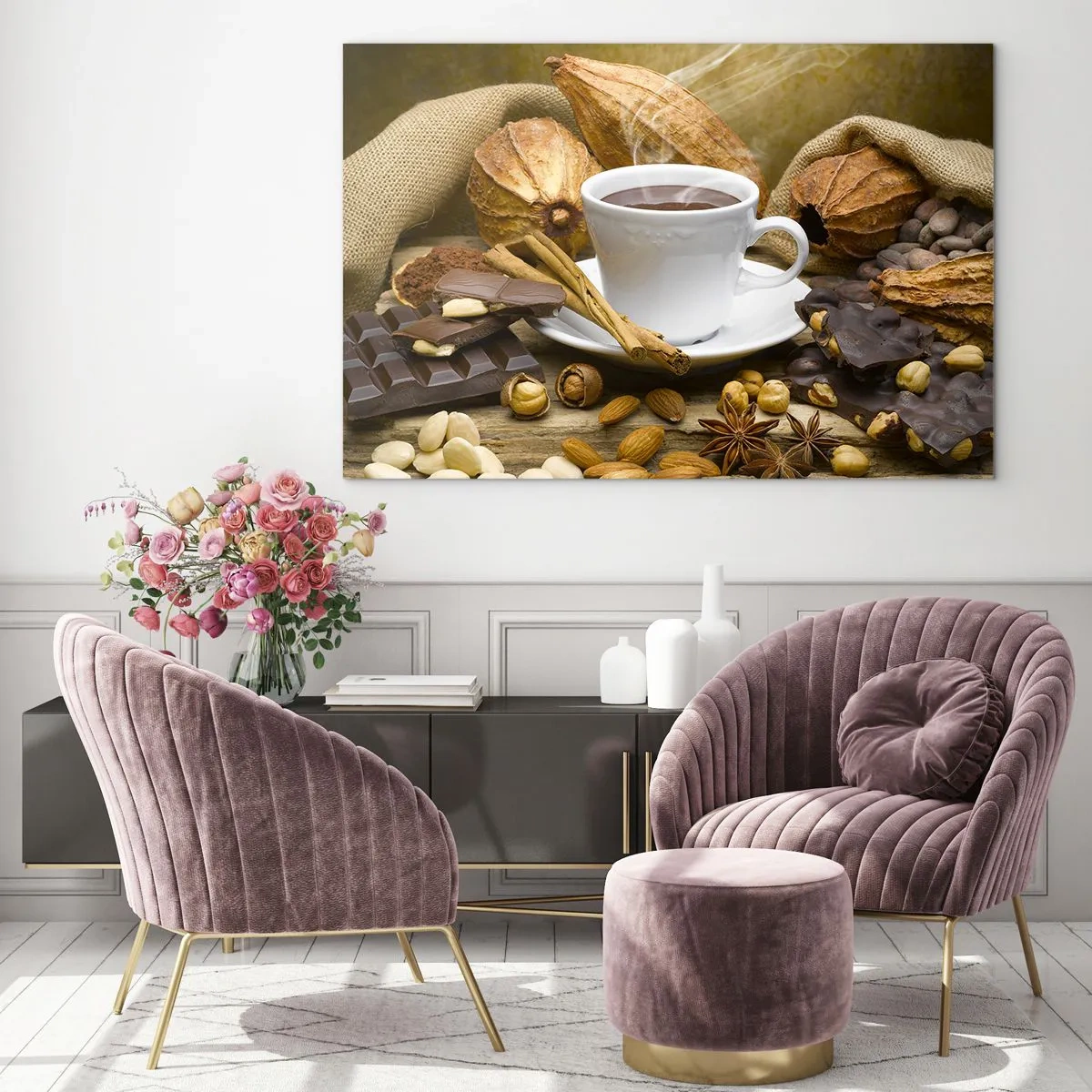 Quadro em vidro - Uma xícara de chocolate quente cercada de chocolate e especiarias - 70x50cm - Para os que procuram emoções - Decoração de parede moderna para a sala de estar e quarto ARTTOR