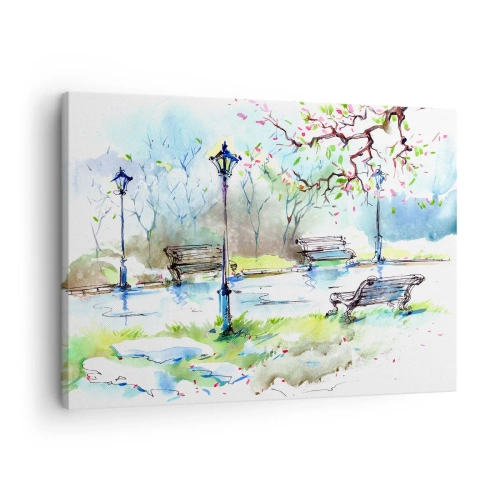 Quadro em tela - Cena de parque em aquarela com bancos e lâmpadas - 70x50cm - O encanto do silêncio do parque - Decoração de parede moderna para a sala de estar e quarto ARTTOR