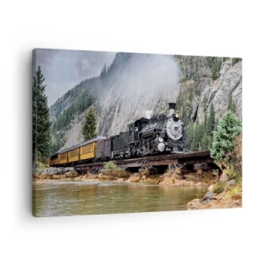 Quadro em tela - Uma locomotiva a vapor em uma ponte em uma paisagem montanhosa pitoresca - 70x50cm - Para onde? Onde? - Decoração de parede moderna para a sala de estar e quarto ARTTOR