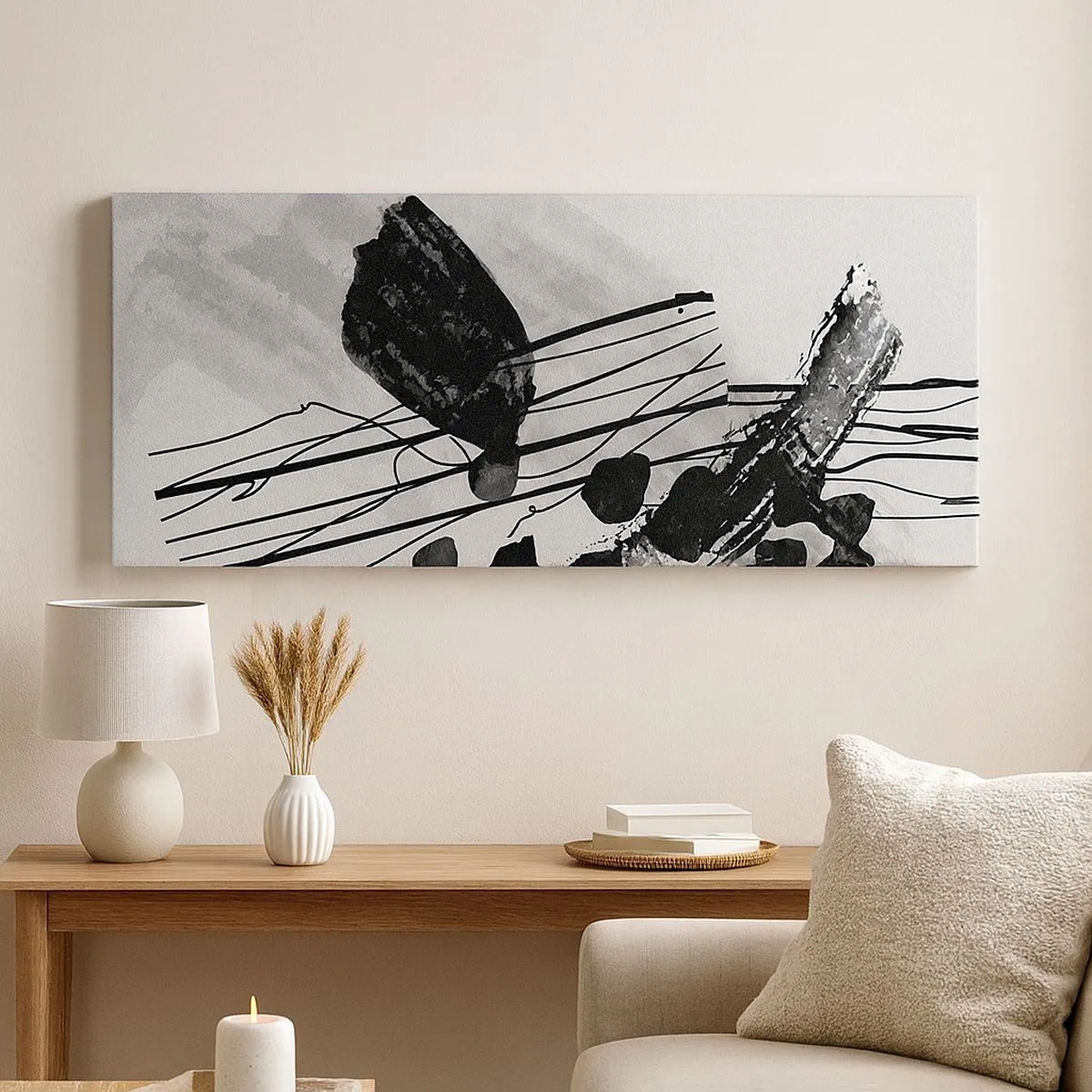 Quadro em tela - Abstração orgánica em preto e branco - 100x40 cm