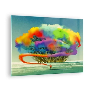 Quadro em vidro - Uma explosão colorida de fumaça tendo como pano de fundo uma árvore solitária. - 70x50cm - Dar vida a este mundo - Decoração de parede moderna para a sala de estar e quarto ARTTOR