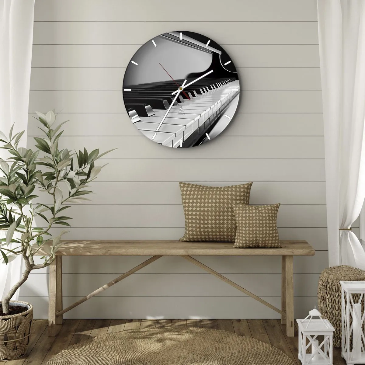 Relógio de parede - Relógio em vidro - Teclado de piano preto e branco - 30x30cm - Harmonia de formas e cores - Decoração de parede moderna para a sala de estar, cozinha e quarto ARTTOR
