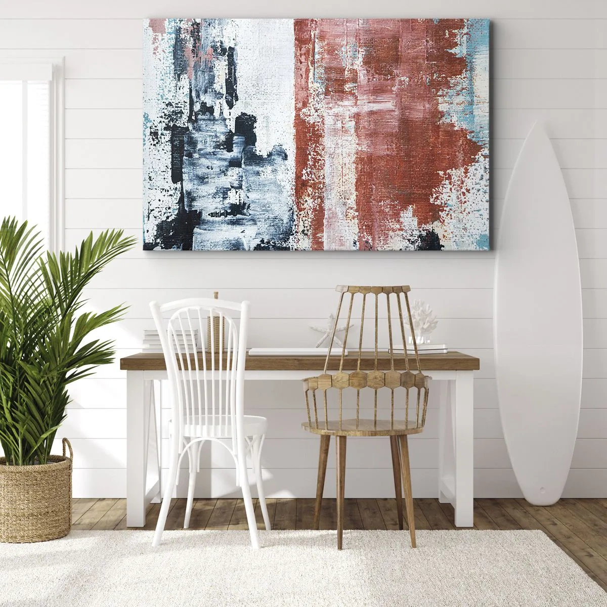 Quadro em tela - Abstração nas cores branco, azul e tijolo - 70x50cm - Meio a meio abstrato - Decoração de parede moderna para a sala de estar e quarto ARTTOR