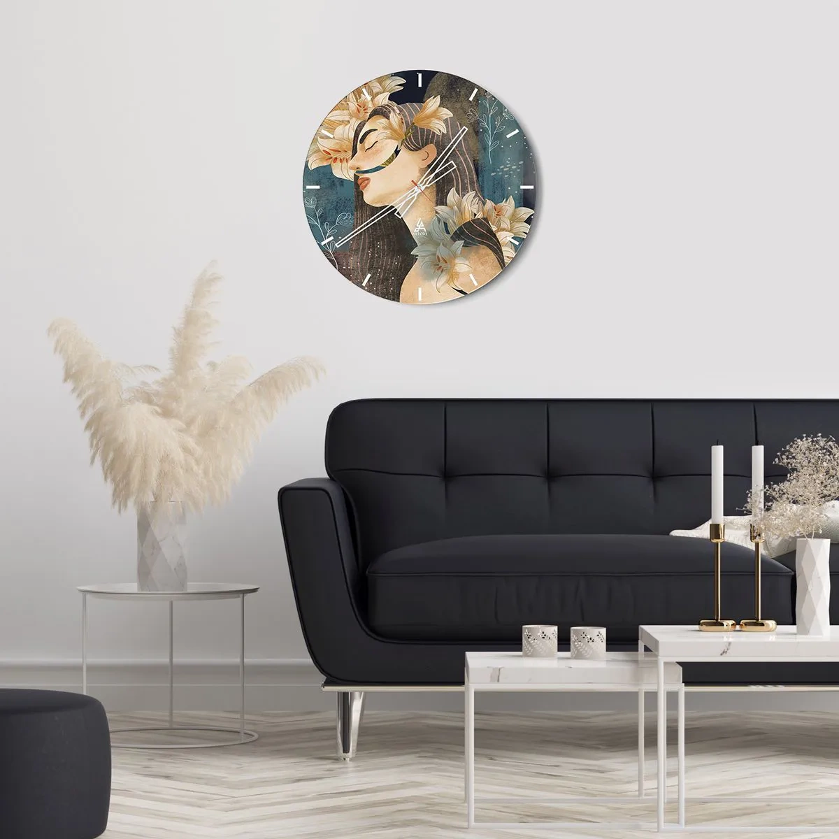 Relógio de parede - Relógio em vidro - Retrato de uma mulher com os olhos fechados rodeada de lírios - 30x30cm - O conto da princesa com lírios - Decoração de parede moderna para a sala de estar, cozinha e quarto ARTTOR