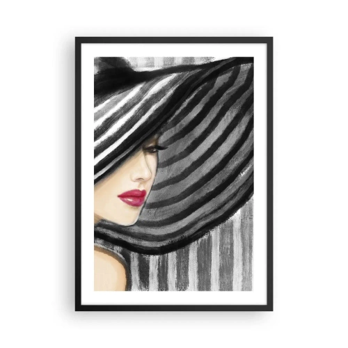 Pôster com moldura preta - Uma mulher com um chapéu largo e lábios vermelhos - 50x70cm - Onde encontrar-te? - Decoração de parede moderna para a sala de estar e quarto ARTTOR