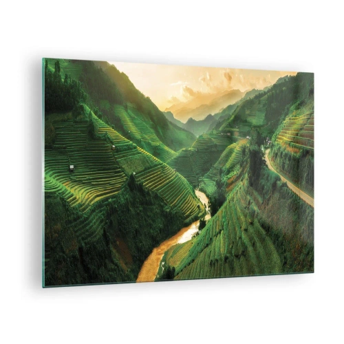 Quadro em vidro - Pitorescos terraços de arroz no vale ao pôr do sol - 70x50cm - Vale vietnamita - Decoração de parede moderna para a sala de estar e quarto ARTTOR