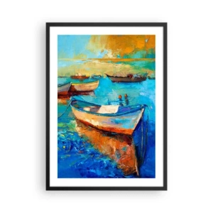 Pôster com moldura preta - Barcos coloridos na água em estilo impressionista - 50x70cm - Na baía do sul - Decoração de parede moderna para a sala de estar e quarto ARTTOR