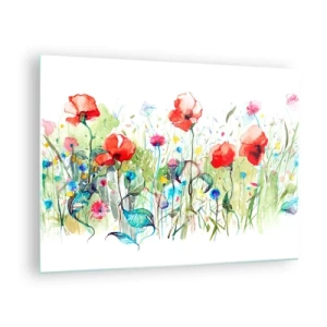 Quadro em vidro - Papoulas coloridas e flores silvestres em estilo aquarela - 70x50cm - Prado florido de maio - Decoração de parede moderna para a sala de estar e quarto ARTTOR