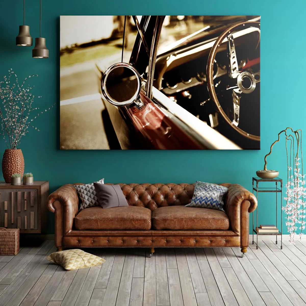 Quadro em tela - Close-up do espelho e do interior de um carro retrô clássico - 70x50cm - Um carro com alma - Decoração de parede moderna para a sala de estar e quarto ARTTOR