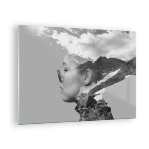 Quadro em vidro - Um retrato criativo de dupla exposição com uma paisagem de montanha e nuvens - 70x50cm - Retrato das montanhas e da nuvem - Decoração de parede moderna para a sala de estar e quarto ARTTOR