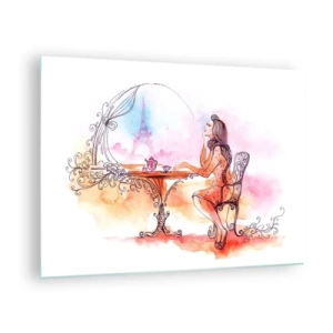 Quadro em vidro - Uma mulher em uma mesa com vista para a Torre Eiffel em tons pastel - 70x50cm - Elegância parisiense - Decoração de parede moderna para a sala de estar e quarto ARTTOR